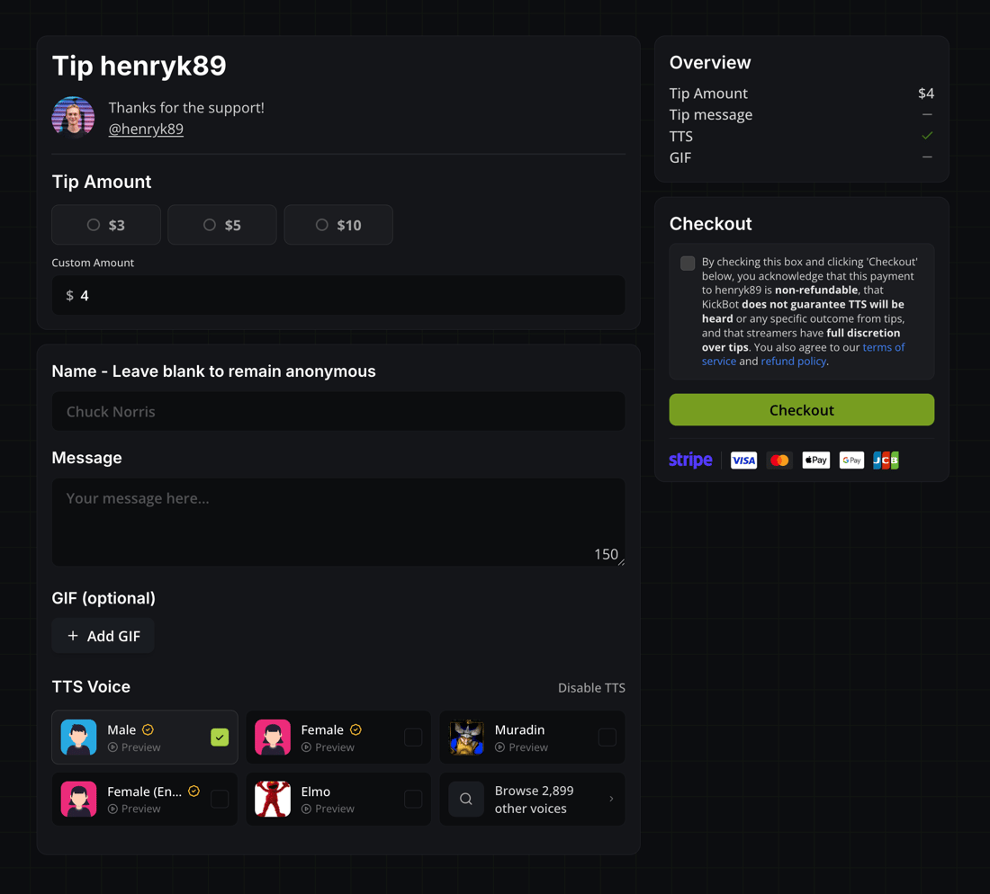 Sending a tip on KickBot